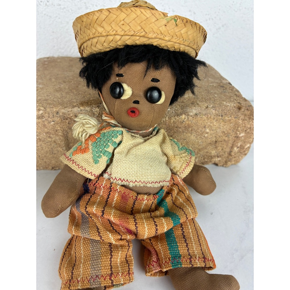 Unbranded Brown Souvenir Cloth Doll - 7" - Straw Sombrero Embroidered Folk Art